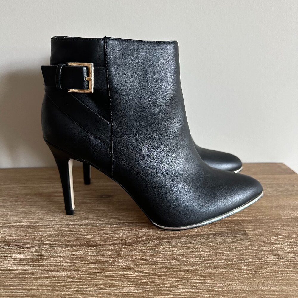 High Heel Ankle Booties Womens Size 8 Faux Leather Gold Buckle Pointy Toe